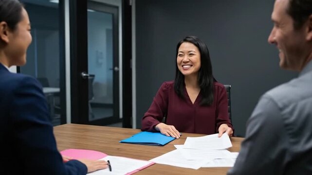 Smiling business professionals discussing documents in a modern office meeting. Positive corporate collaboration.