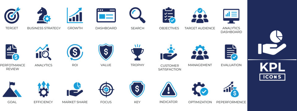 KPI and performance measurement vector icons for business growth and strategy. Includes metrics, analytics dashboards, and productivity indicators. Solid icon collection.