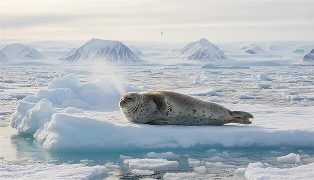 Close up of Ringed seal (Pusa hispida or Phoca hispida) resting on an ice floe in the Svalbard area, Arctic Sea, Svalbard, Norway.
