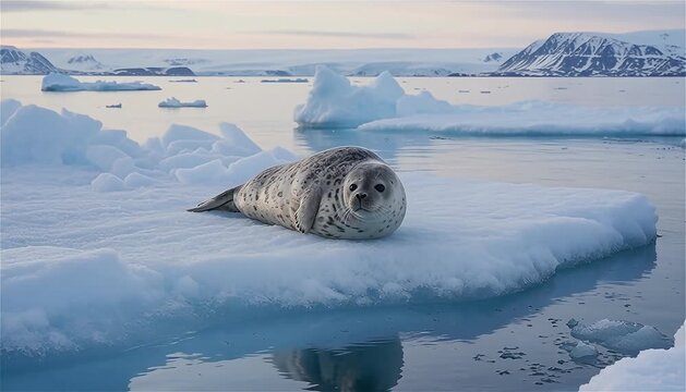 Close up of Ringed seal (Pusa hispida or Phoca hispida) resting on an ice floe in the Svalbard area, Arctic Sea, Svalbard, Norway.
