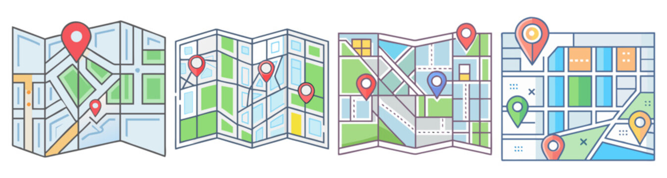 Colorful city navigation icon pack with location pins and routes flat design vector illustration