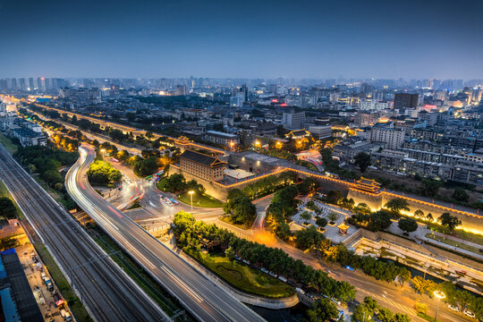 Xi'an Night Cityscape with City Wall and Traffic