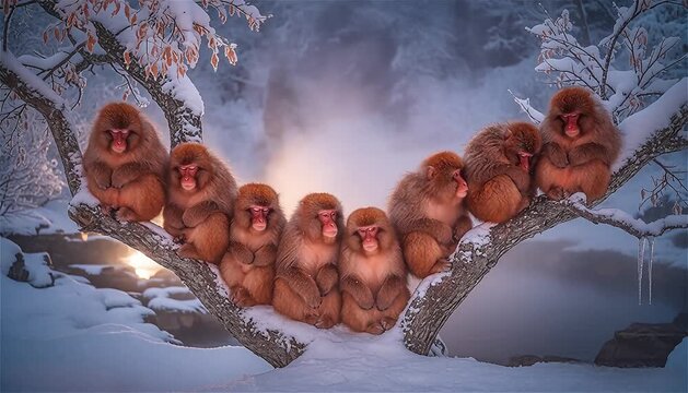 Close up of Japanese snow macaques (Macaca fuscata) huddle together preserves heat to survive in freezing temperatures on a tree at night, Jigokudani Park, Nakano, Japan. Infrared light camera.

