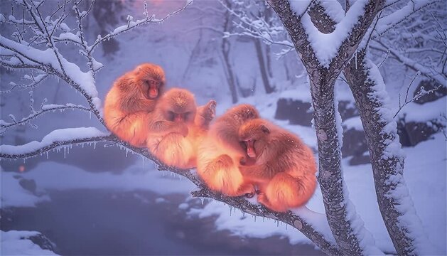 Close up of Japanese snow macaques (Macaca fuscata) huddle together preserves heat to survive in freezing temperatures on a tree at night, Jigokudani Park, Nakano, Japan. Infrared light camera.
