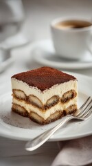Delicate Tiramisu Dessert With Cocoa Powder Dusting On White Plate Beside Coffee Cup