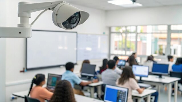 A security camera monitors a classroom where students are working on computers during a lesson.