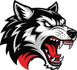 Aggressive Wolf Head Mascot Illustration with Open Mouth and Sharp Teeth for Esports Logo, Sports Team Emblem, and Predator Animal Design