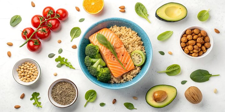 A healthy meal consisting of salmon, vegetables, and grains on a white surface