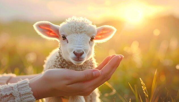A person gently holds a small lamb in their hand in a field