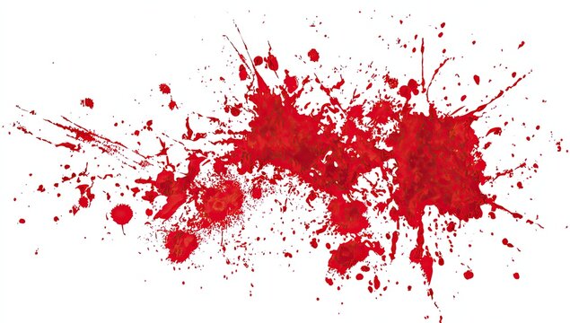 A splatter of crimson liquid against a white background, with varying sized droplets