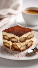 Delicious Tiramisu Dessert With Cocoa Powder Dusting and Espresso Coffee Cup