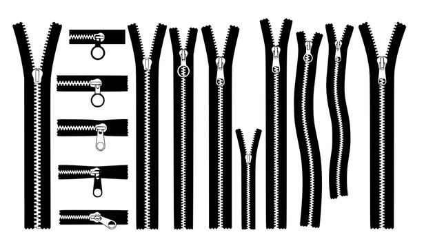 A collection of black and white zippers in various styles and sizes