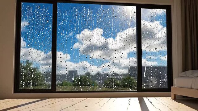 Rain-glazed window timelapse background bedroom view mountain trees clouds serenity