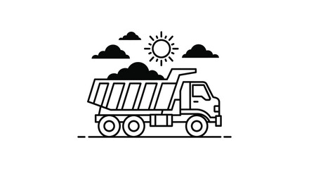 A linear illustration depicts a dump truck carrying material under a sun and clouds silhouette high quality professional © njhasan