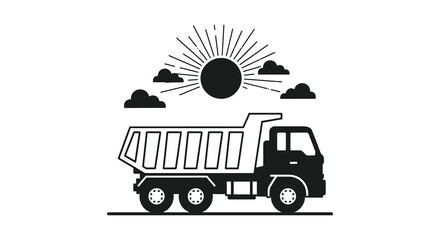 A black silhouette of a dump truck driving towards a sun with clouds a striking illustration silhouette © njhasan