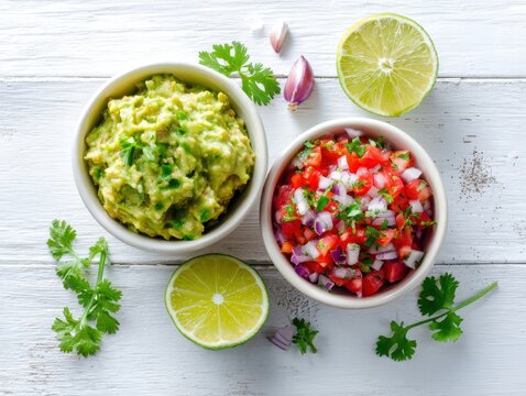 Fresh Guacamole And Pico De Gallo Dips With Lime And Cilantro On White Wood Table