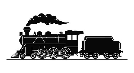 A striking black silhouette of a vintage steam locomotive with billowing smoke showcasing a classic design silhouette © njhasan