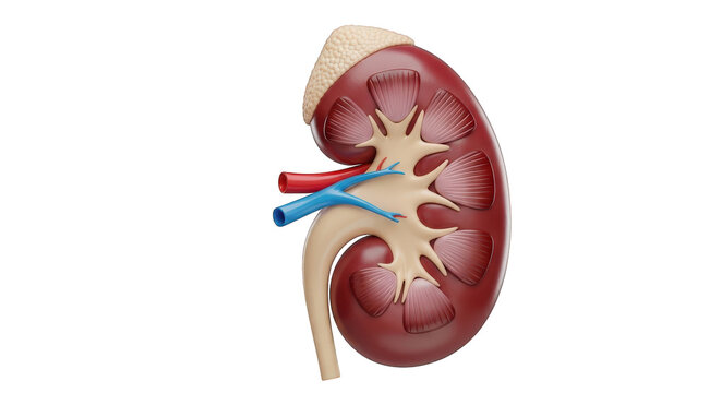 Anatomical illustration of a human kidney with blood vessels and ureter isolated on transparent background