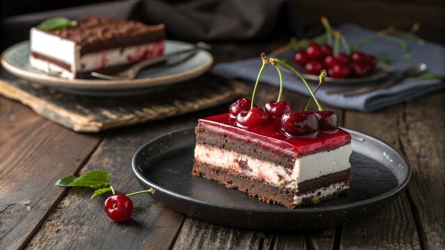 A delicious slice of black forest cake with cherries on top
