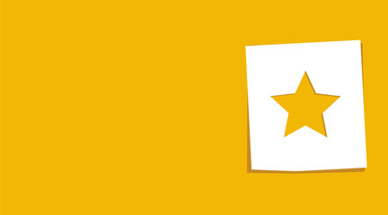 Yellow background with a star icon on a paper note, vector illustration. Flat design style.