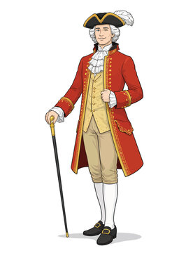 071-02-Gentleman in red frock coat, wig, and tricorn hat holding a cane