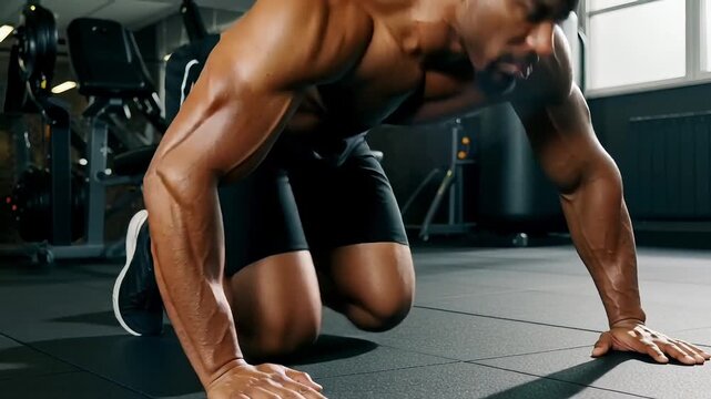 Muscular man doing push-ups in modern gym