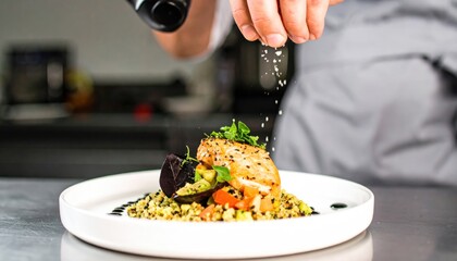 Chef Seasoning Gourmet Dish in Kitchen.