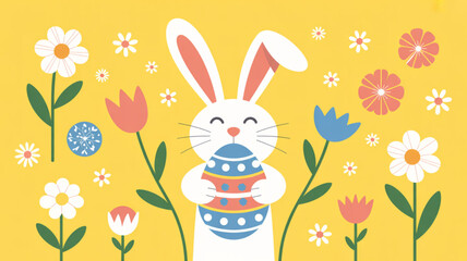 Obraz premium Smiling easter bunny holding decorated eggs surrounded by colorful spring flowers on yellow background