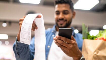 Man Checking Grocery Receipt on Phone.