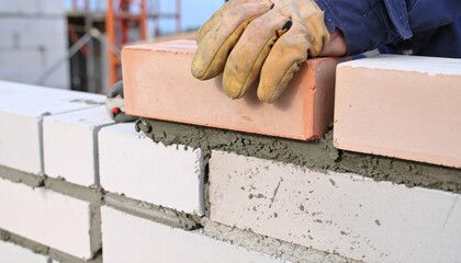 Construction Worker Building Brick Wall.