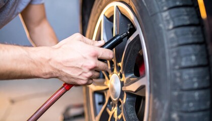 Man inflating car tire with air compressor.