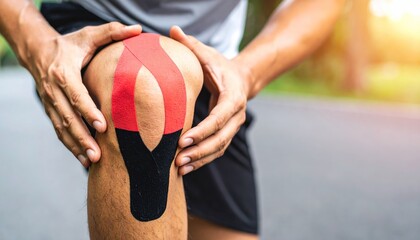 Man Applying Knee Support During Outdoor Activity.