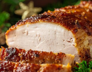 Succulent Carved Roasted Turkey Breast with Crispy Skin for Festive Holiday Meal