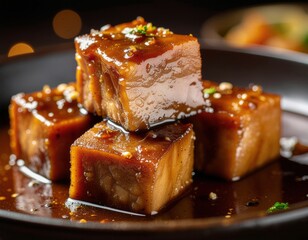 Savory Braised Pork Belly Cubes Coated in a Dark, Flavorful Asian Glaze