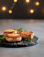 Gourmet Grilled Pork Medallions with Fresh Herbs on Slate, a Culinary Delight for Special Occasions