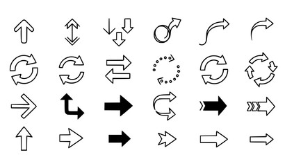 A collection of black and white arrow icons in various directions and styles