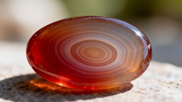 Polished red agate stone with concentric rings