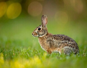 Obraz premium A close-up shot of a rabbit with brown fur sitting in a green grass field