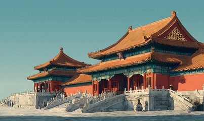 Fototapeta premium Illustration of Forbidden City palace complex Beijing in China, Popular tourist attractions Suitable for travel illustrations, postcards, Generative AI.
