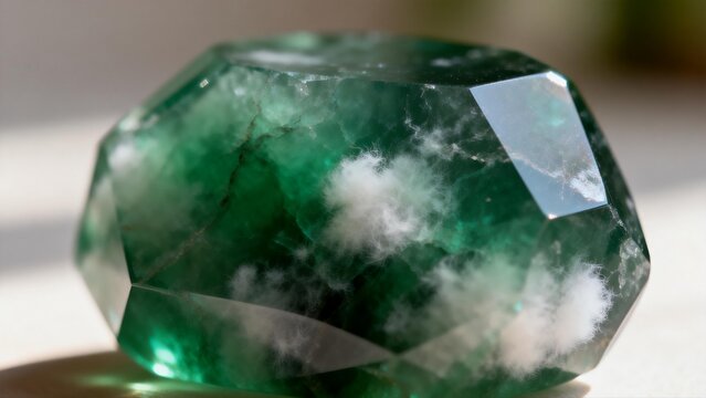 Faceted green gemstone with white inclusions