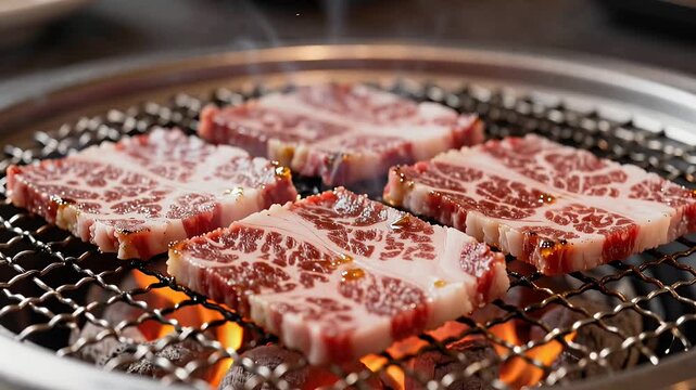 marbled beef slices grilling over charcoal on barbecue grill