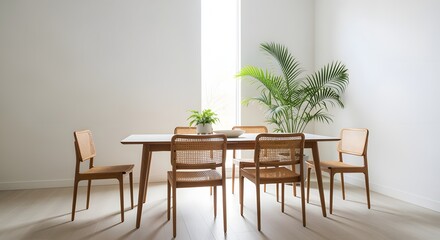 Obraz premium Elegant Dining Room with Wooden Table and Chairs, Natural Light and Greenery.