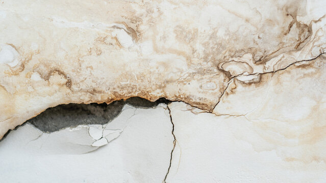 Close-up of Severe Water Staining, Mold Growth, and Deep Cracks on Damaged Plaster Wall