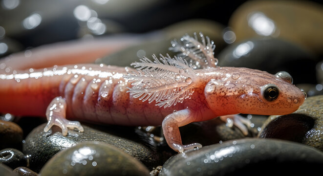 A detailed view of an olm aquatic salamander resting on dark wet river stones in its natural habitat