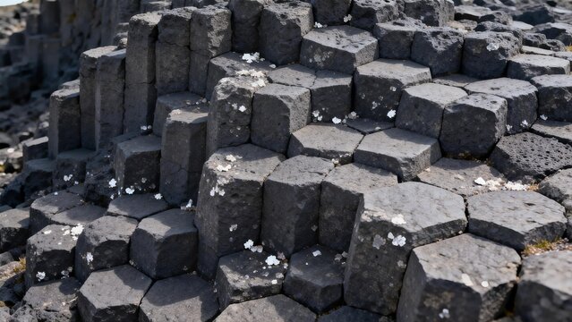 Hexagonal rock formations with small white flowers