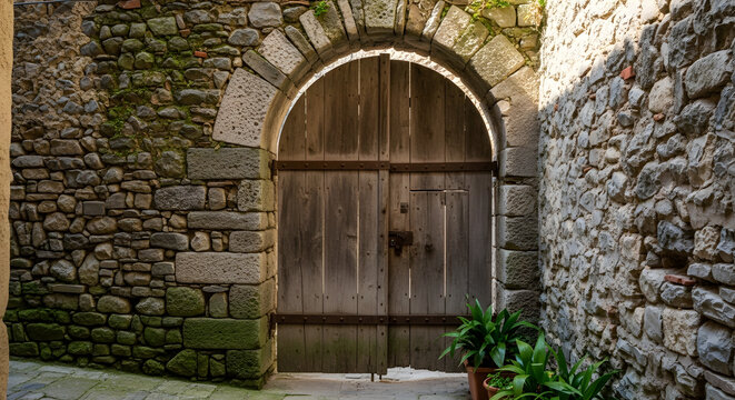 A rustic old wooden double door built into a historic stone wall archway along a narrow passage
