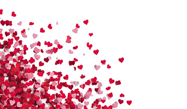Red and pink 3D hearts cascade downward on a white background, creating a romantic design