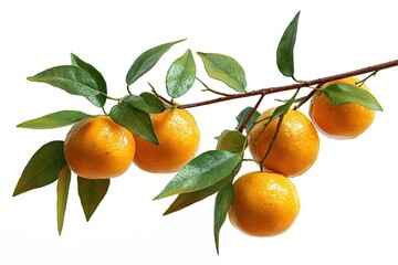 A branch with ripe, juicy orange citrus fruit and vibrant green leaves on a white backdrop