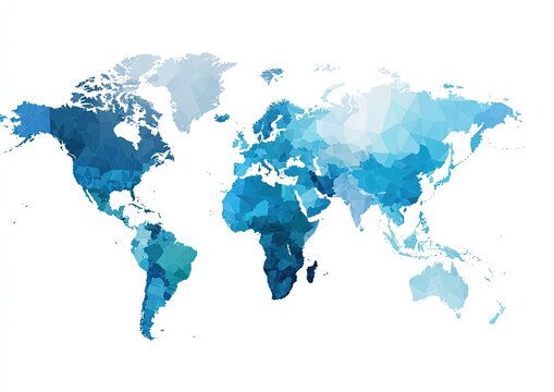 A low-poly, abstract world map in shades of blue