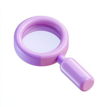 3D-rendered, lavender magnifying glass with clear lens, slightly tilted, white background